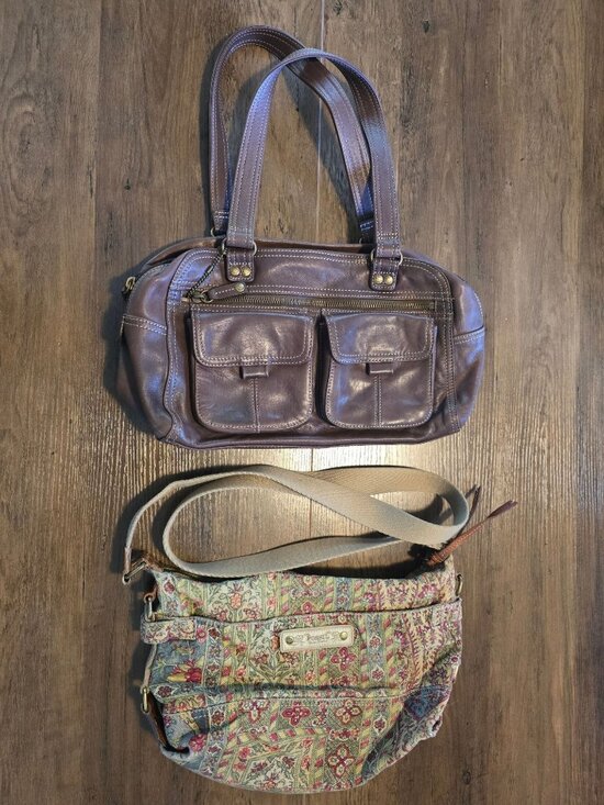 Fossil Handbags - Vintage 1990s Fossil Shoulder Bags, Multi Pocket, Leather Canvas, 2 Bag Lot